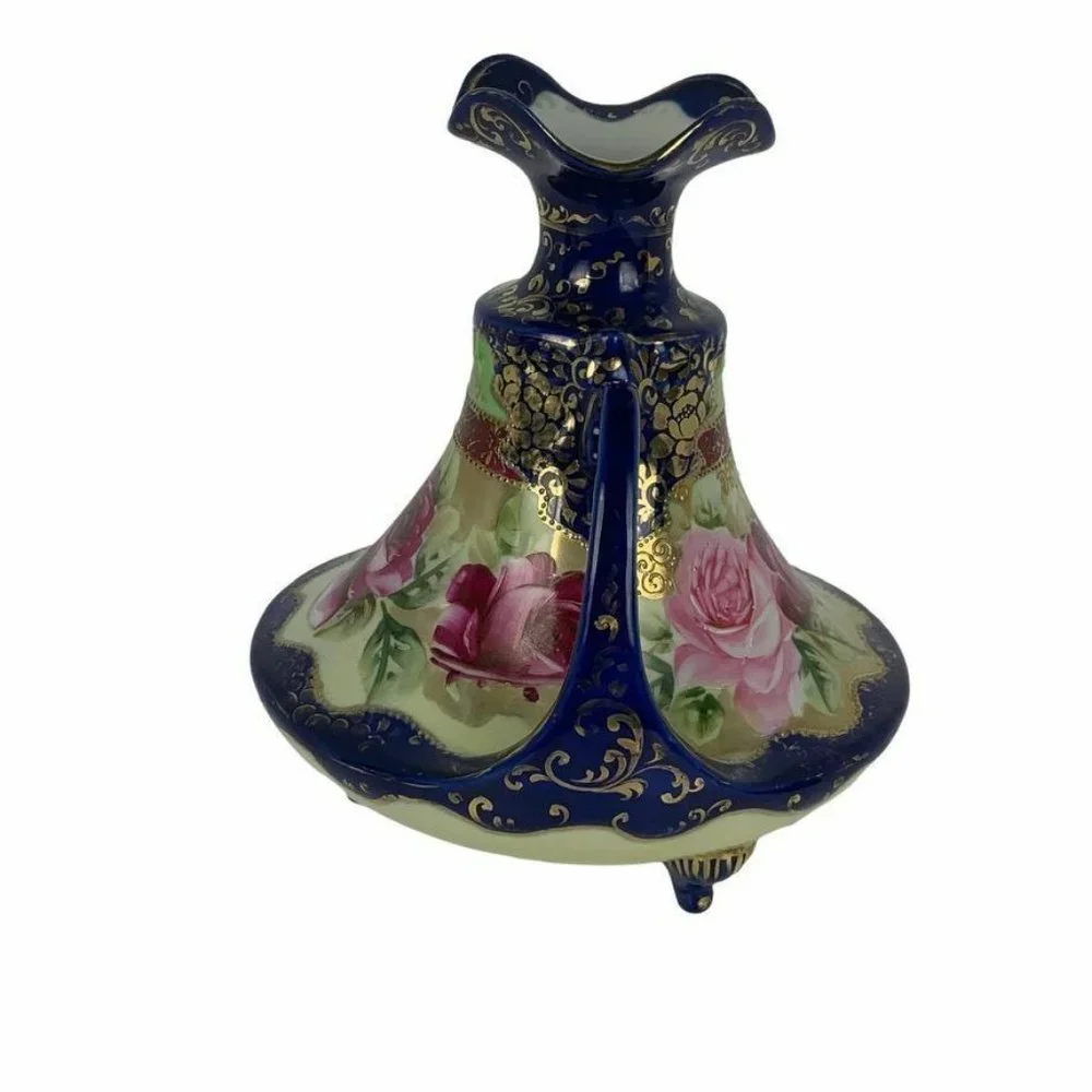 Vintage Handpainted Squat Vase Handles Cobalt Blue Floral Roses Gilded Victorian